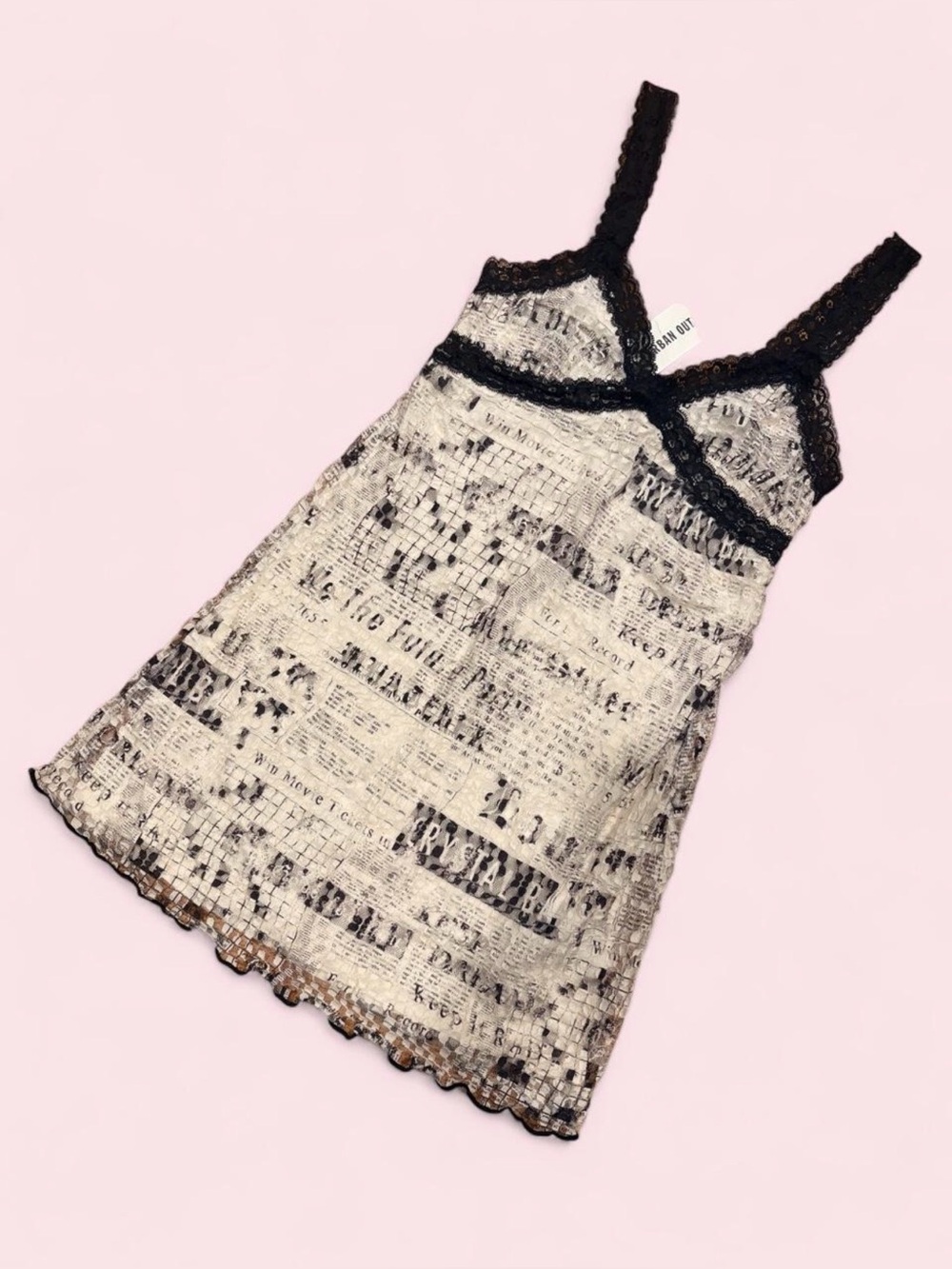 Urban Outfitters UO Fifi News Print Newspaper Lace Mini Dress Black White XS NWT